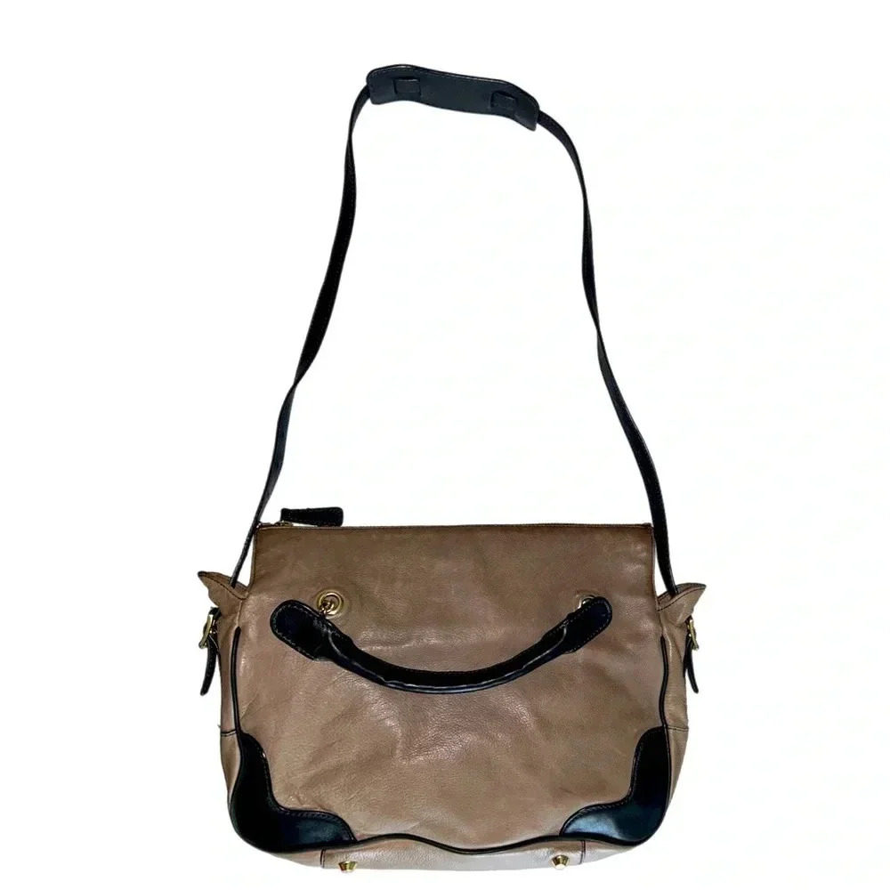 J CREW Kirtley Leather Messenger Bag Tote Satchel Tan & Black 9.25”X14.25”X3.75